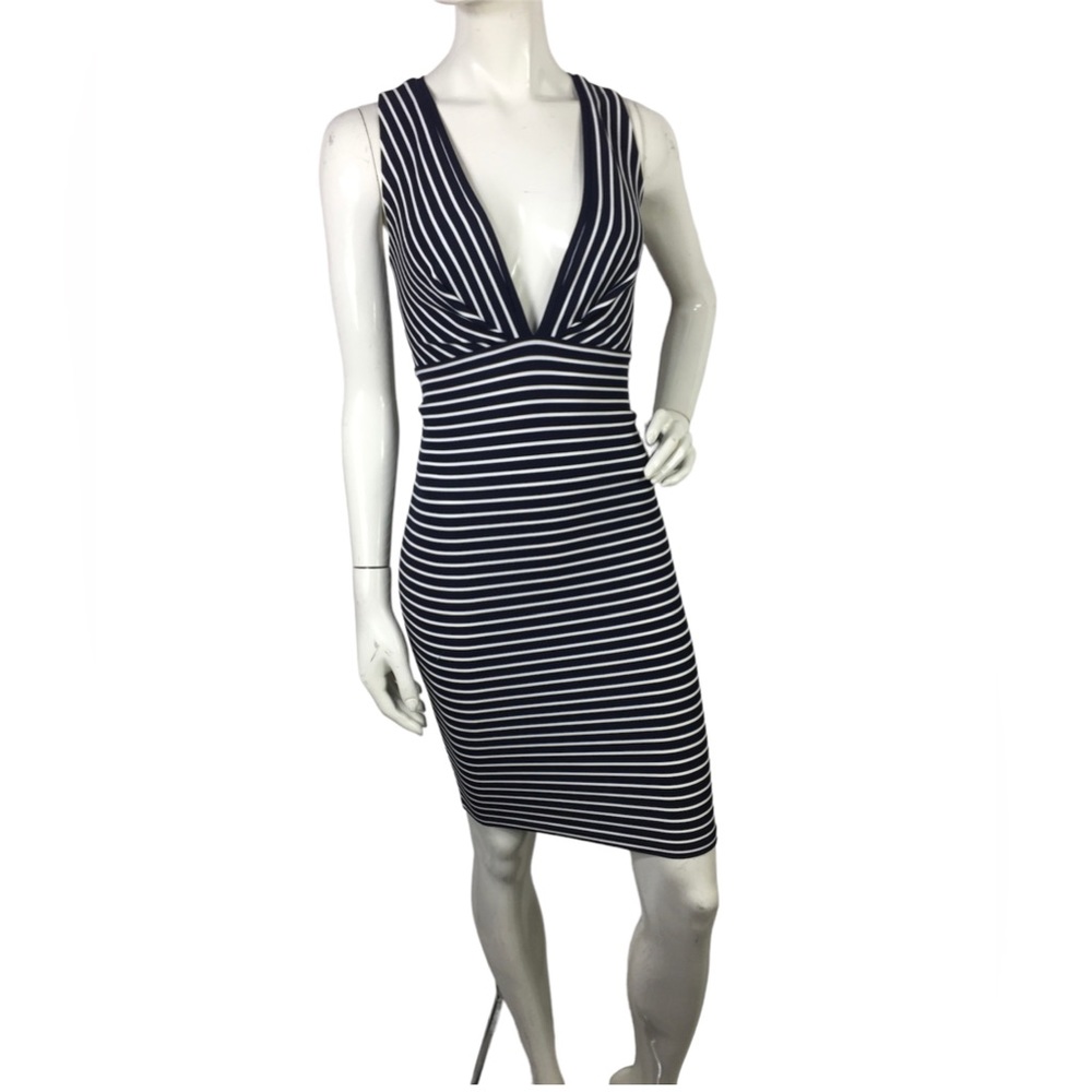 Olivaceous Striped Plunge Neckline Bodycon Dress Navy S